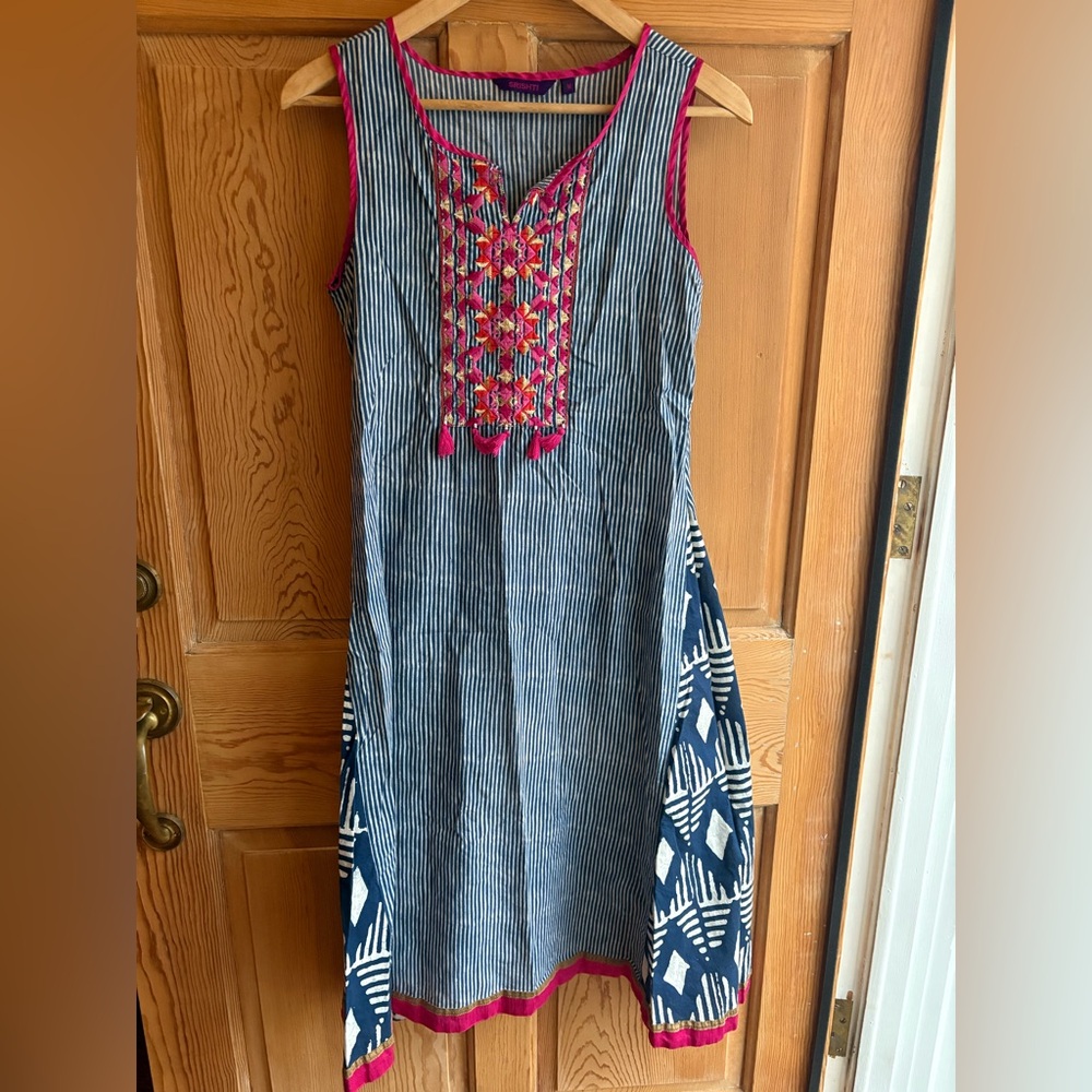 100% cotton Indian Striped Blue and Pink Sleeveless Dress size Medium
